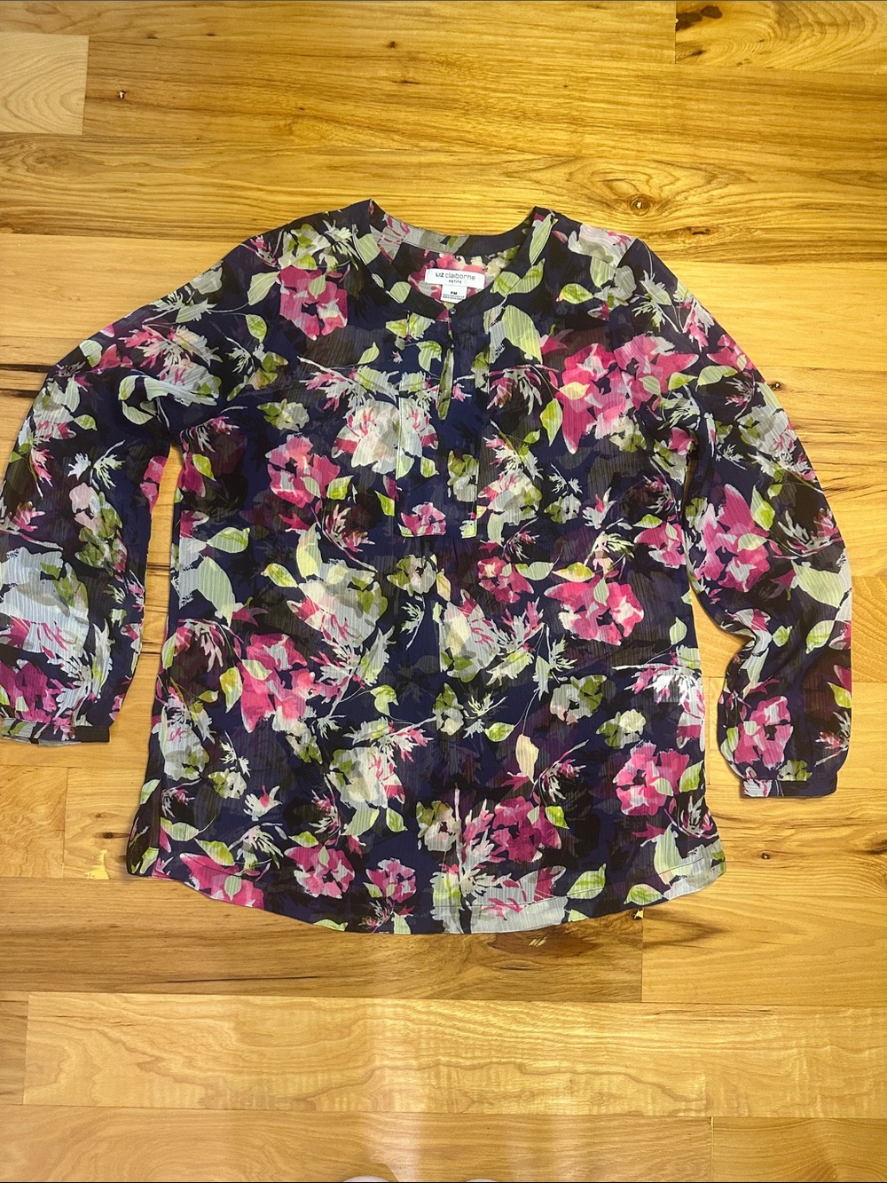 Liz Claiborne Petite Floral Navy Pink Green Long Sleeve Blouse